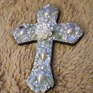 Beaded Cross with Pearls and Crystals Magnet
